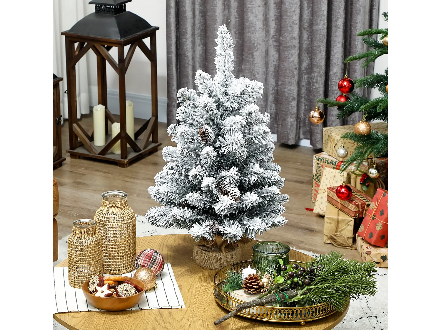 Mini Künstlicher Weihnachtsbaum 60 cm, Tannenbaum künstlich, 72 Spitzen 6 Tannenzapfen Zementbasis