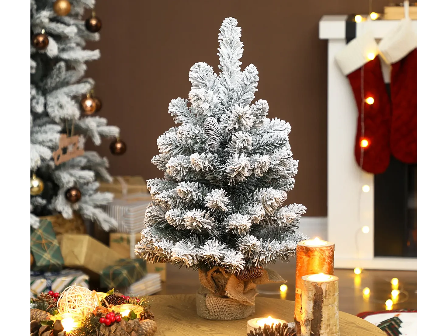 Mini Künstlicher Weihnachtsbaum 60 cm, Tannenbaum künstlich, 72 Spitzen 6 Tannenzapfen Zementbasis