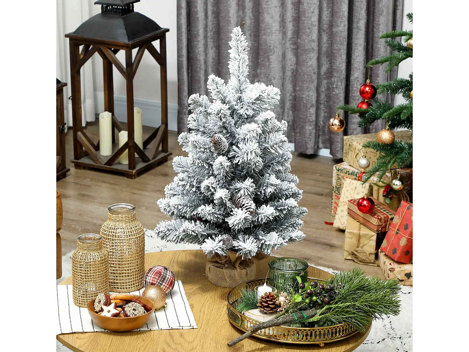 Mini Künstlicher Weihnachtsbaum 60 cm, Tannenbaum künstlich, 72 Spitzen 6 Tannenzapfen Zementbasis