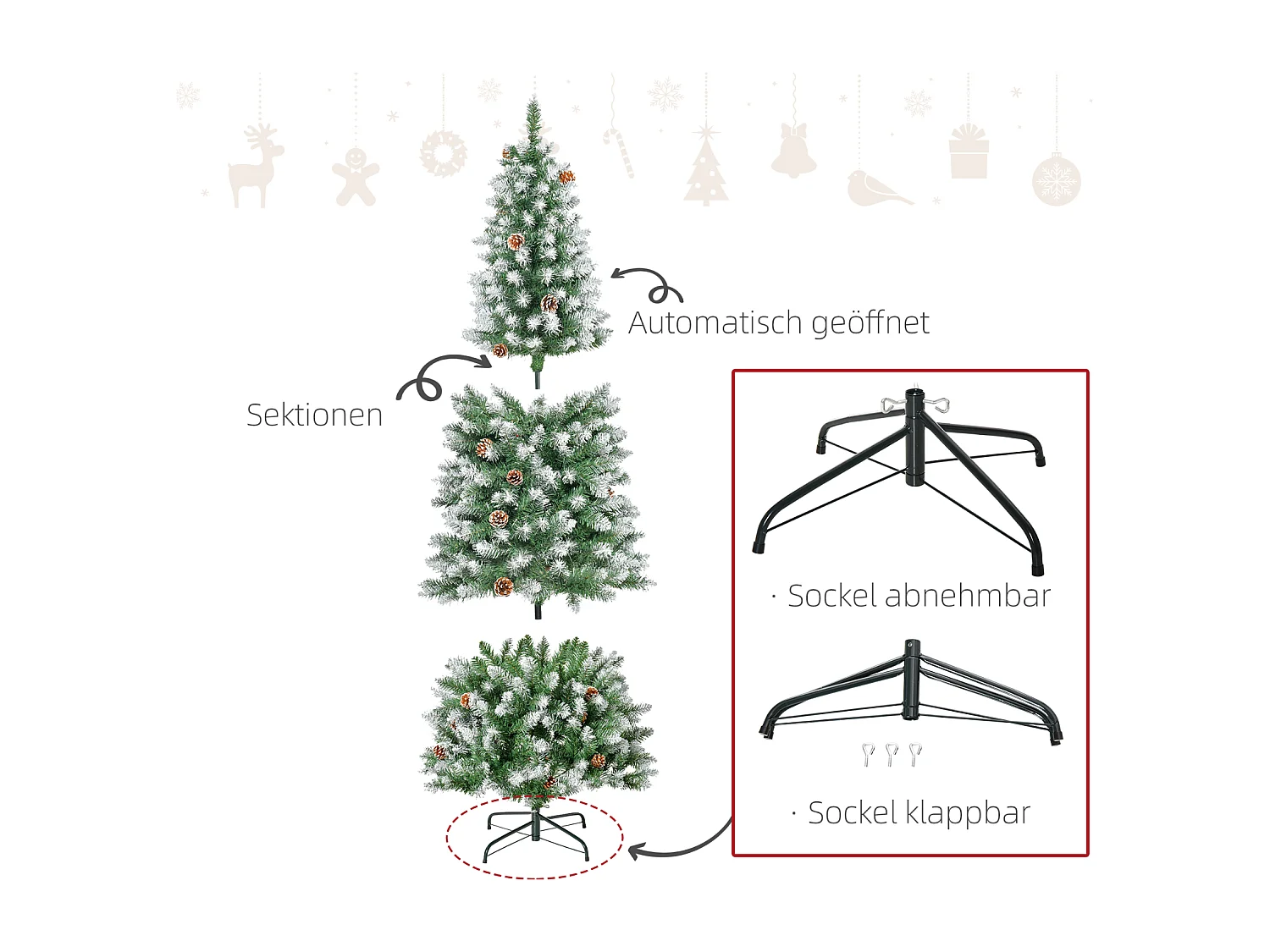 Künstlicher Weihnachtsbaum,Weihnachtsdeko 37 Zapfen, verschneite Spitzen, 180 cm