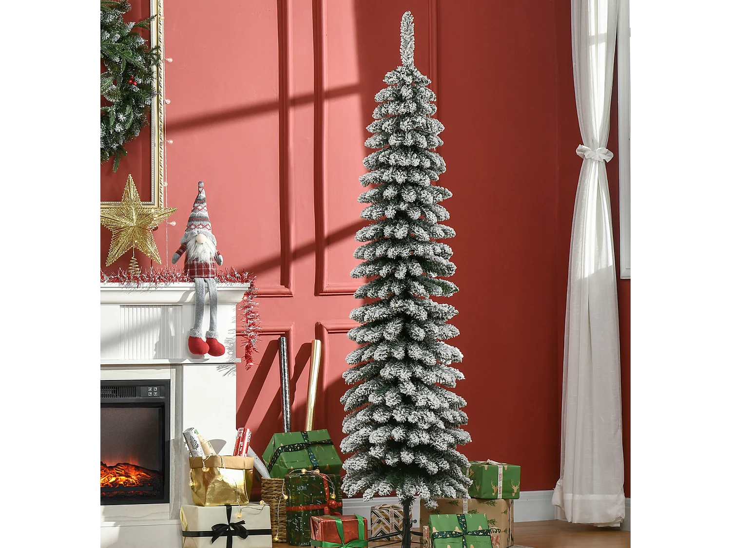 Künstlicher Weihnachtsbaum, schneebedeckt, Weihnachtsdeko schmales Design, 180 cm, Grün/Weiß