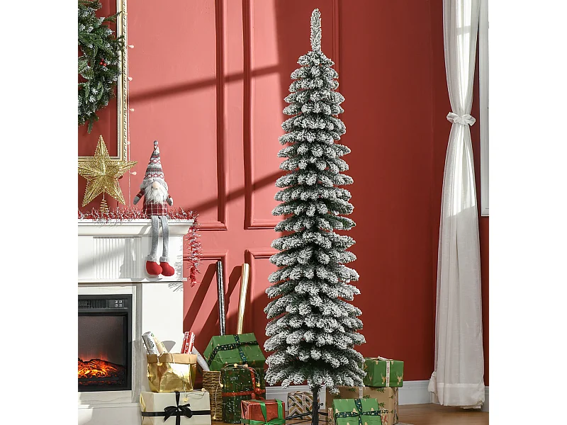 Künstlicher Weihnachtsbaum, schneebedeckt, Weihnachtsdeko schmales Design, 180 cm, Grün/Weiß