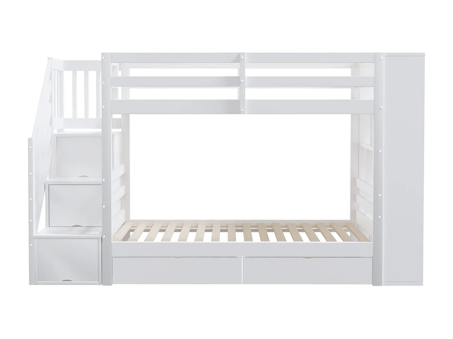 Etagenbett,Sicherheitstreppe mit Staufächern,Stauraumschubladen und großen Schließfächern,hohe Zaunkonstruktion,Lattenrost,Kiefernbett, Kinderbett