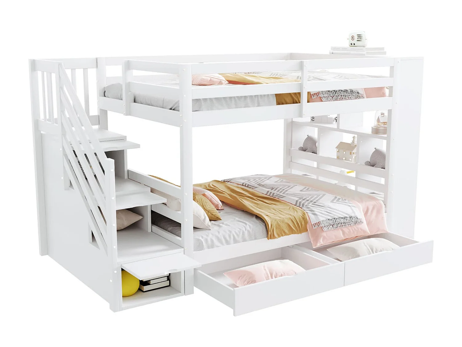 Etagenbett,Sicherheitstreppe mit Staufächern,Stauraumschubladen und großen Schließfächern,hohe Zaunkonstruktion,Lattenrost,Kiefernbett, Kinderbett