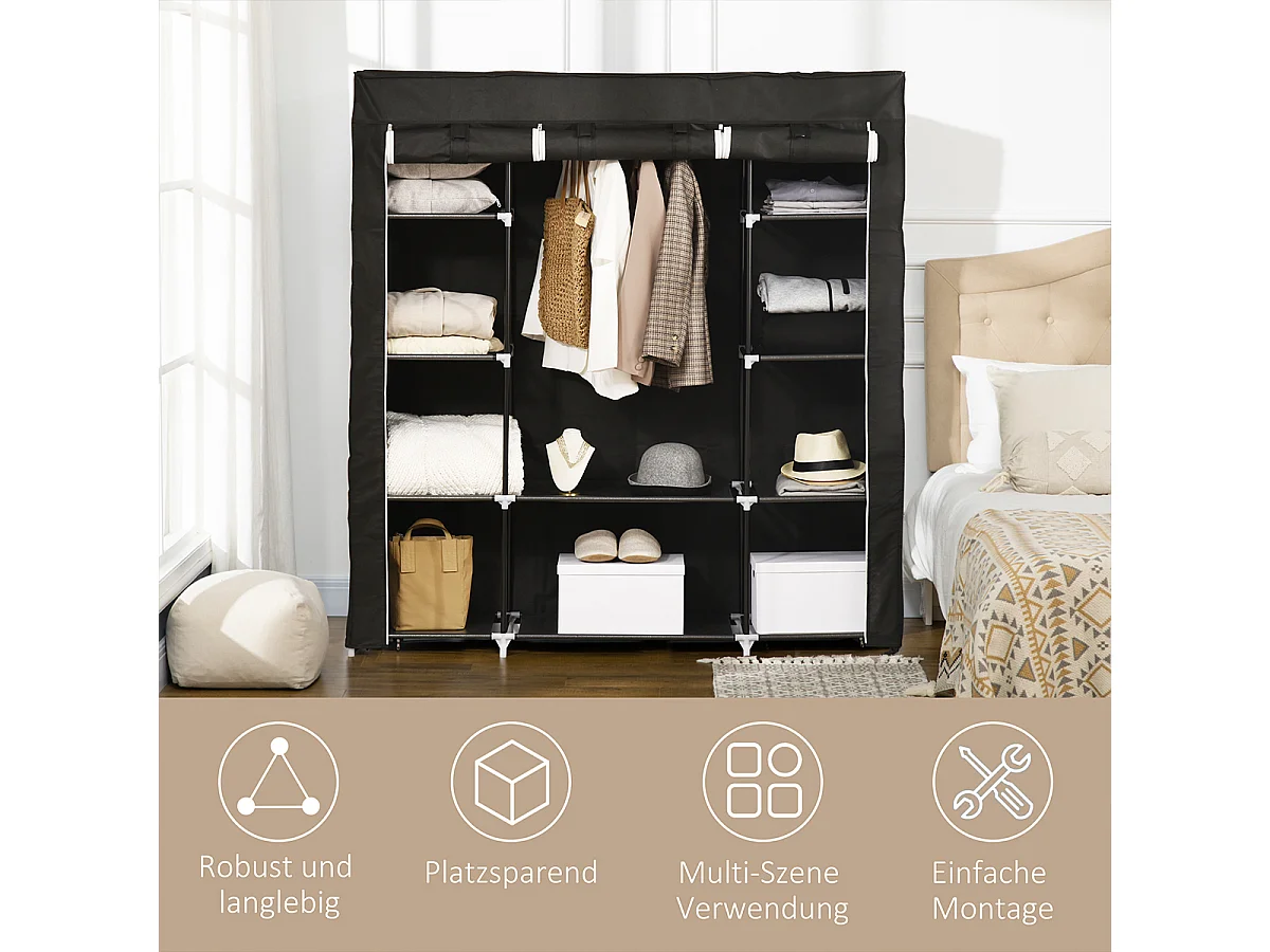 Portable Kleiderschrank mit Reißverschluss Vliesstoff Stoffschrank Faltschrank für Schlafzimmer und Ankleidezimmer 150x43x162,5cm Schwarz