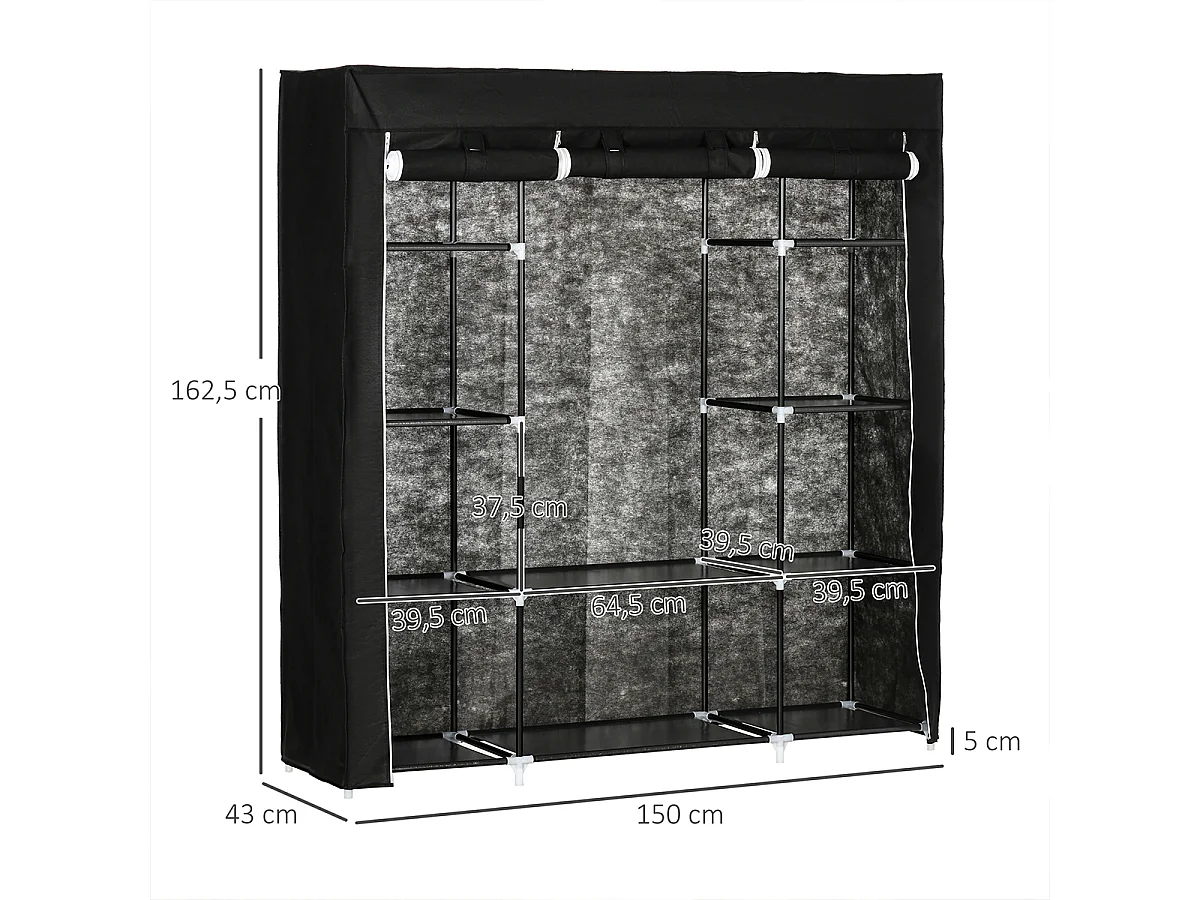 Portable Kleiderschrank mit Reißverschluss Vliesstoff Stoffschrank Faltschrank für Schlafzimmer und Ankleidezimmer 150x43x162,5cm Schwarz