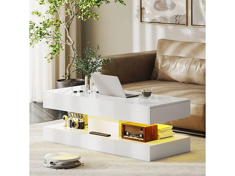 Wohnzimmertisch mit Schubladen und LED-Lichtern, moderner Sofatisch mit offener Ablage, Couchtisch, Spanplatte, Weiß