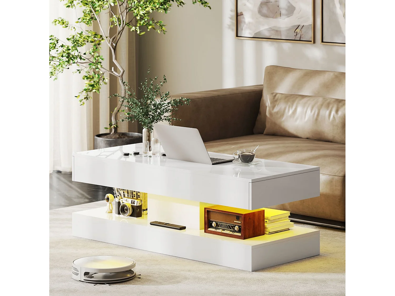 Wohnzimmertisch mit Schubladen und LED-Lichtern, moderner Sofatisch mit offener Ablage, Couchtisch, Spanplatte, Weiß