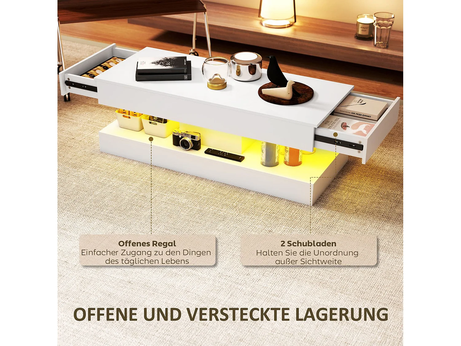 Wohnzimmertisch mit Schubladen und LED-Lichtern, moderner Sofatisch mit offener Ablage, Couchtisch, Spanplatte, Weiß