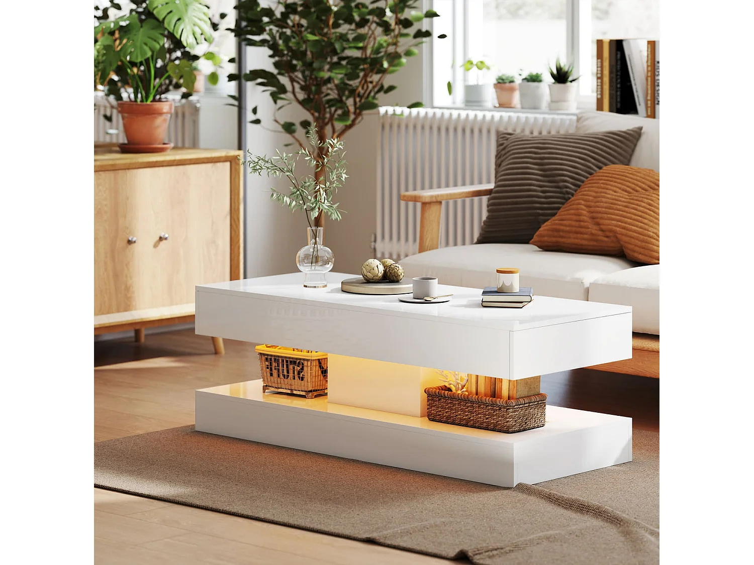 Wohnzimmertisch mit Schubladen und LED-Lichtern, moderner Sofatisch mit offener Ablage, Couchtisch, Spanplatte, Weiß