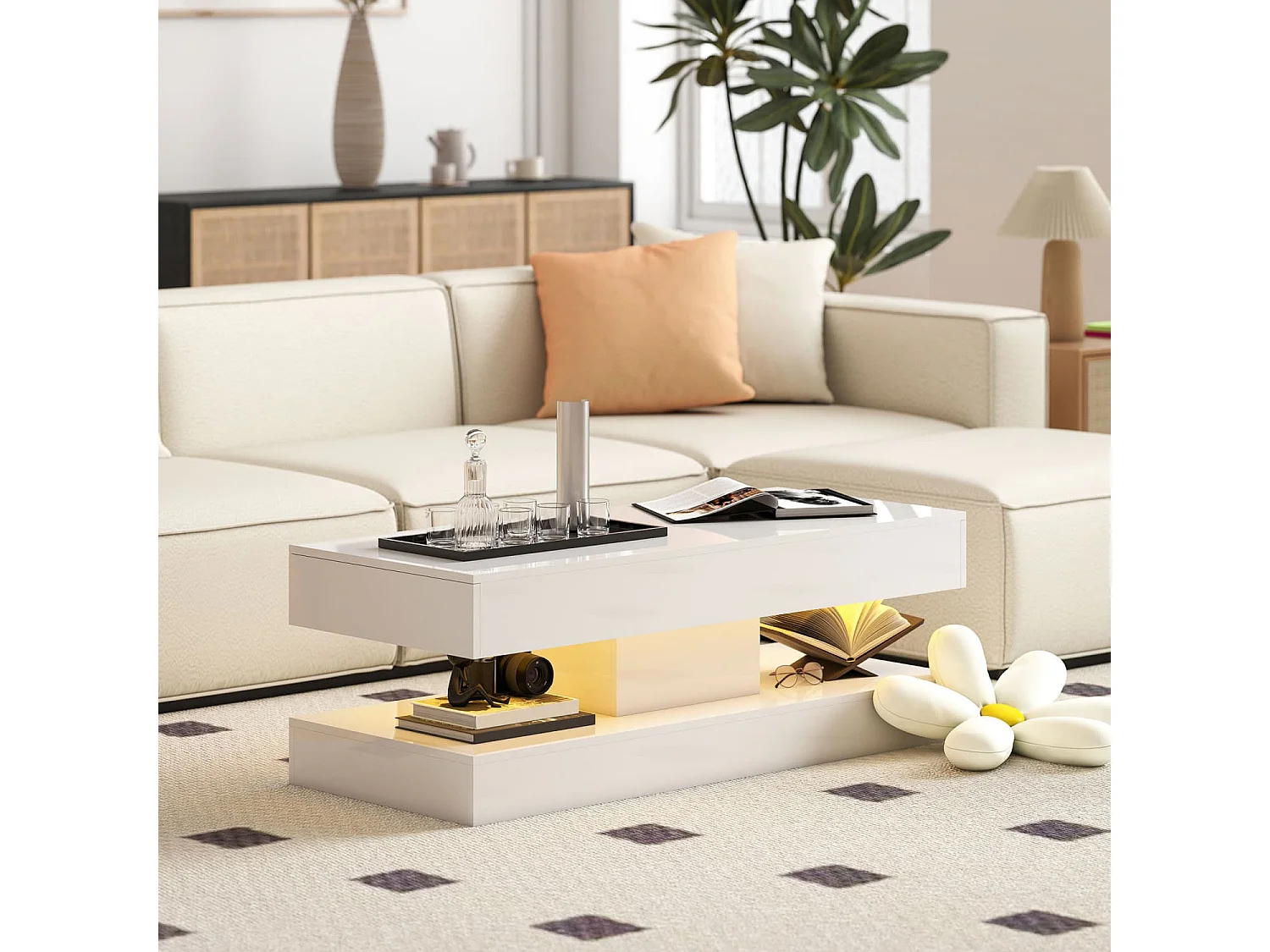 Wohnzimmertisch mit Schubladen und LED-Lichtern, moderner Sofatisch mit offener Ablage, Couchtisch, Spanplatte, Weiß