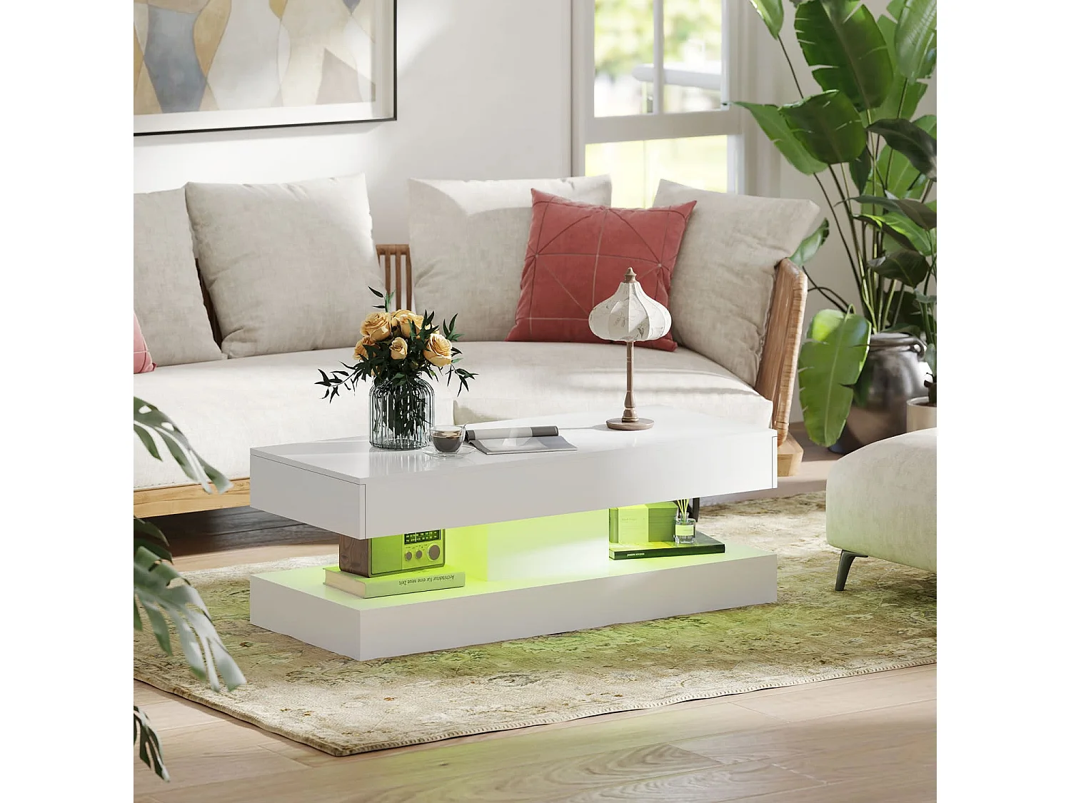 Wohnzimmertisch mit Schubladen und LED-Lichtern, moderner Sofatisch mit offener Ablage, Couchtisch, Spanplatte, Weiß