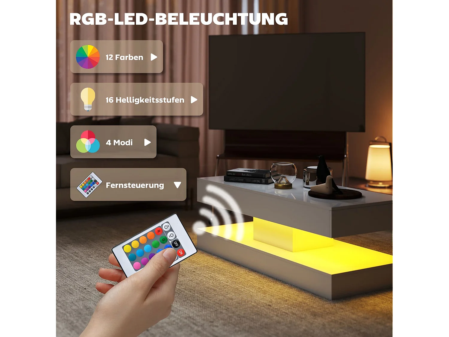 Wohnzimmertisch mit Schubladen und LED-Lichtern, moderner Sofatisch mit offener Ablage, Couchtisch, Spanplatte, Weiß