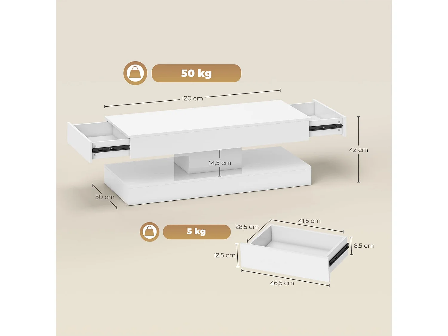 Wohnzimmertisch mit Schubladen und LED-Lichtern, moderner Sofatisch mit offener Ablage, Couchtisch, Spanplatte, Weiß