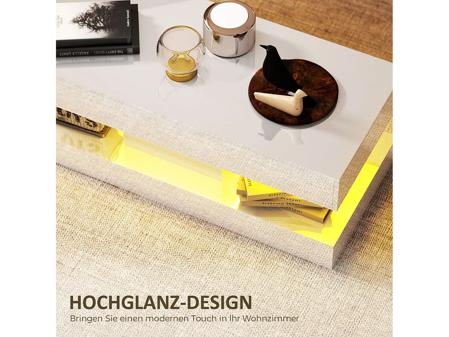 Wohnzimmertisch mit Schubladen und LED-Lichtern, moderner Sofatisch mit offener Ablage, Couchtisch, Spanplatte, Weiß