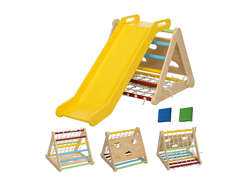 Ensemble d'escalade en bois 5 en 1 - triangle Pikler, toboggan, filet à grimper, rampe, jeu adresse - panneaux bois pin