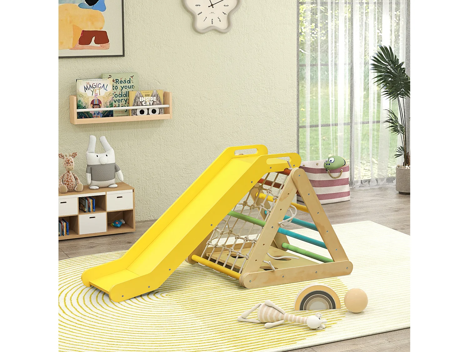 Ensemble d'escalade en bois 5 en 1 - triangle Pikler, toboggan, filet à grimper, rampe, jeu adresse - panneaux bois pin