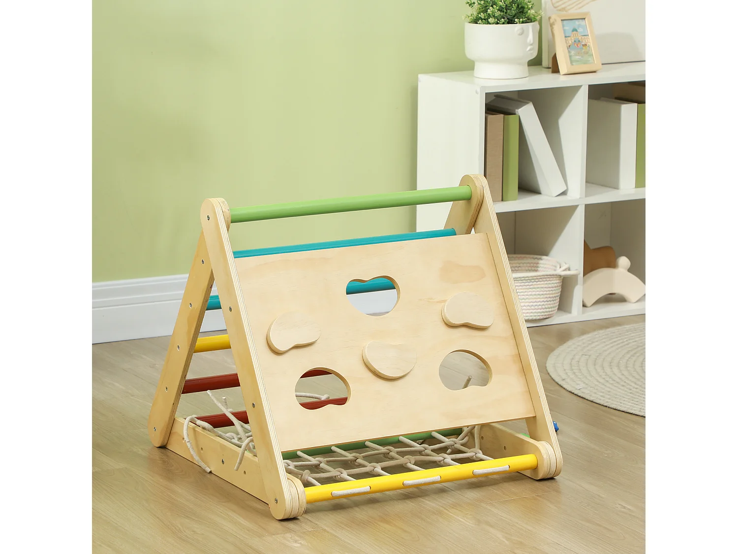 Ensemble d'escalade en bois 5 en 1 - triangle Pikler, toboggan, filet à grimper, rampe, jeu adresse - panneaux bois pin