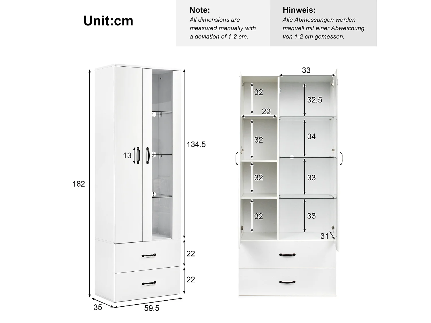 Vitrine LED 16 Couleurs, 2 Portes, Meuble avec LED, Buffet Moderne, Vitrine Transparente, Blanc