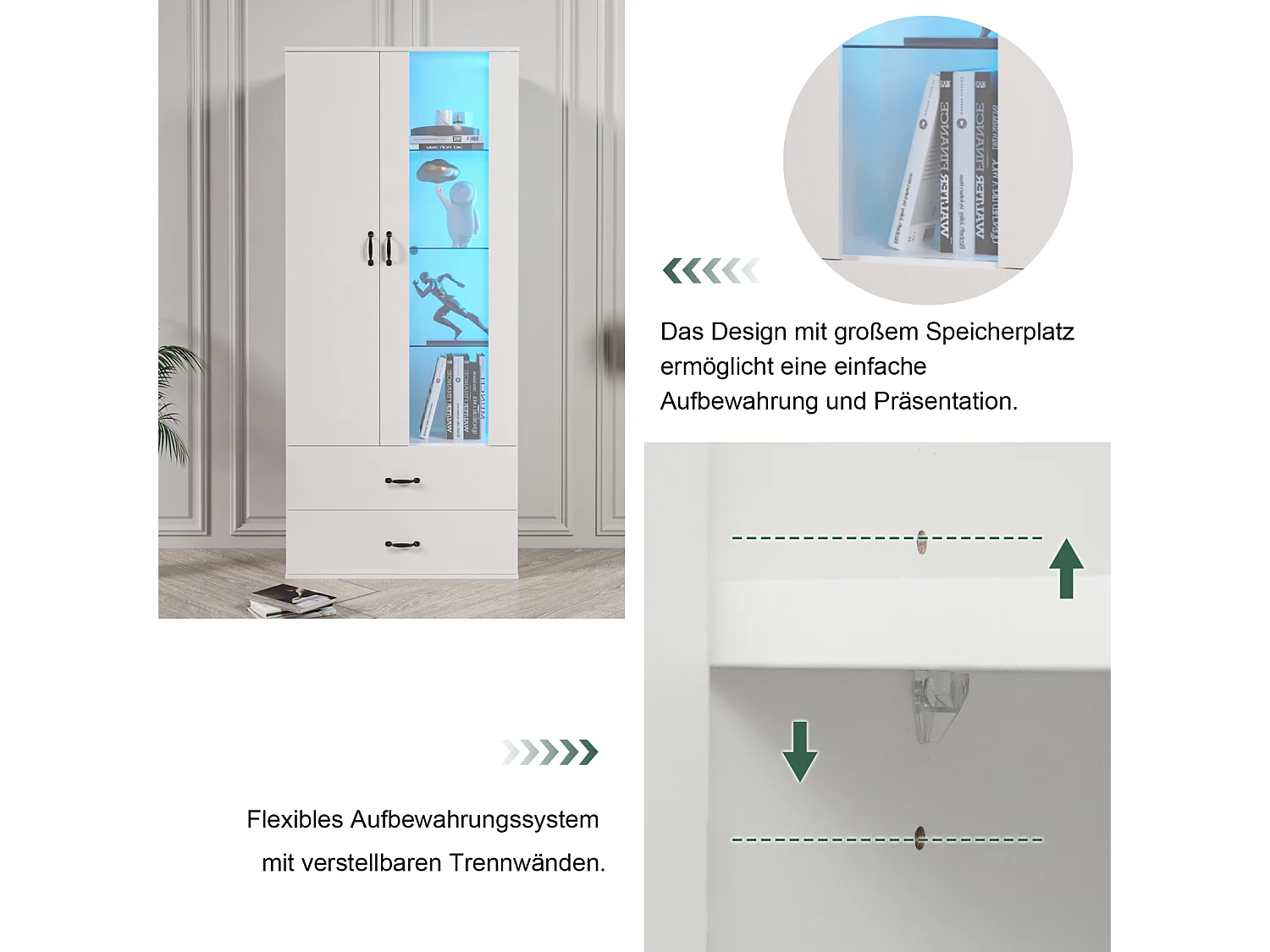 Vitrine LED 16 Couleurs, 2 Portes, Meuble avec LED, Buffet Moderne, Vitrine Transparente, Blanc