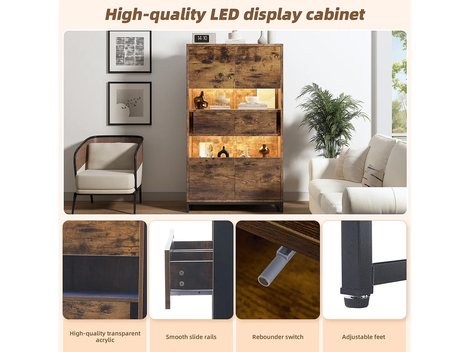 Vitrina con iluminación LED, vitrina independiente, armario de 2 cajones, con panel acrílico, 80x40x138 cm, marrón