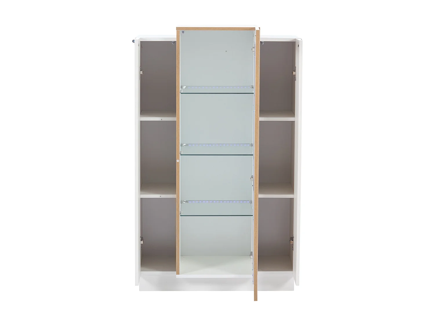 Vetrina luminosa con illuminazione a LED, libreria con 3 ante e 3 ripiani in vetro, bianca e legno, 120 cm