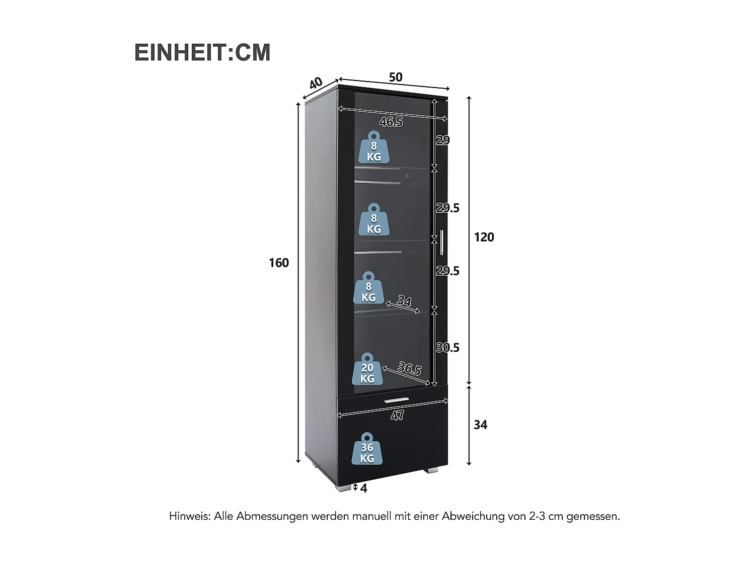 Vitrine preta brilhante com portas de vidro, iluminação LED e 3 prateleiras de vidro, 40 x 50 x 160 cm