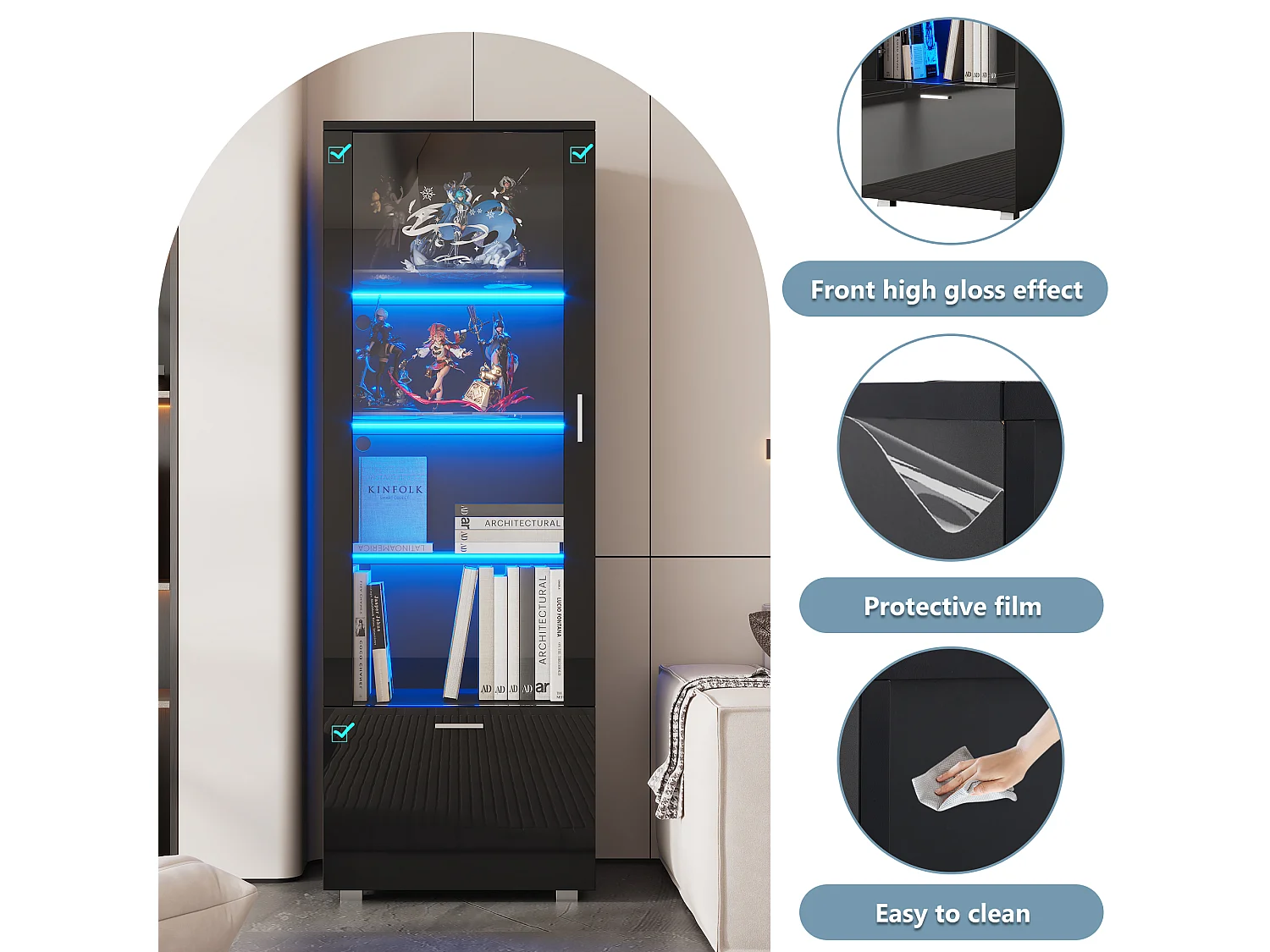Vitrine preta brilhante com portas de vidro, iluminação LED e 3 prateleiras de vidro, 40 x 50 x 160 cm