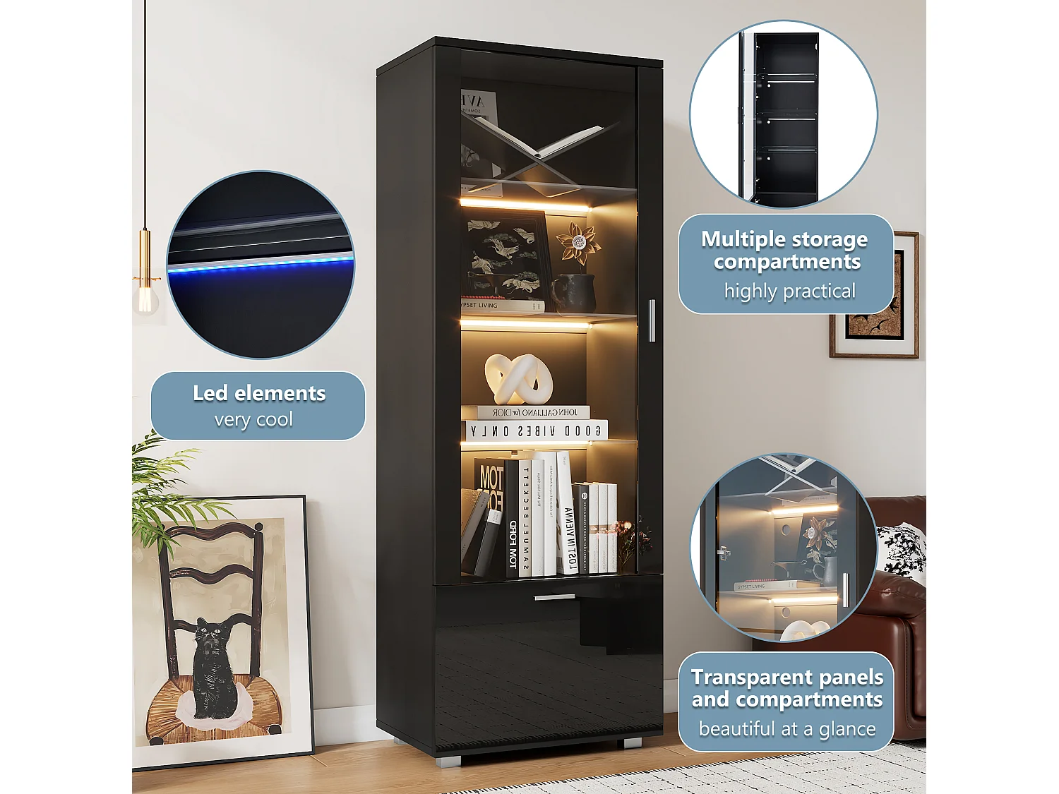 Vitrine preta brilhante com portas de vidro, iluminação LED e 3 prateleiras de vidro, 40 x 50 x 160 cm