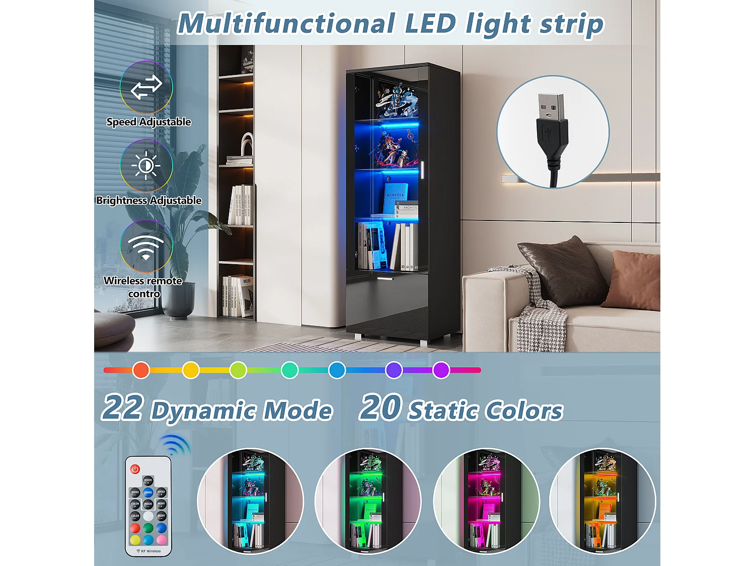 Vitrine preta brilhante com portas de vidro, iluminação LED e 3 prateleiras de vidro, 40 x 50 x 160 cm