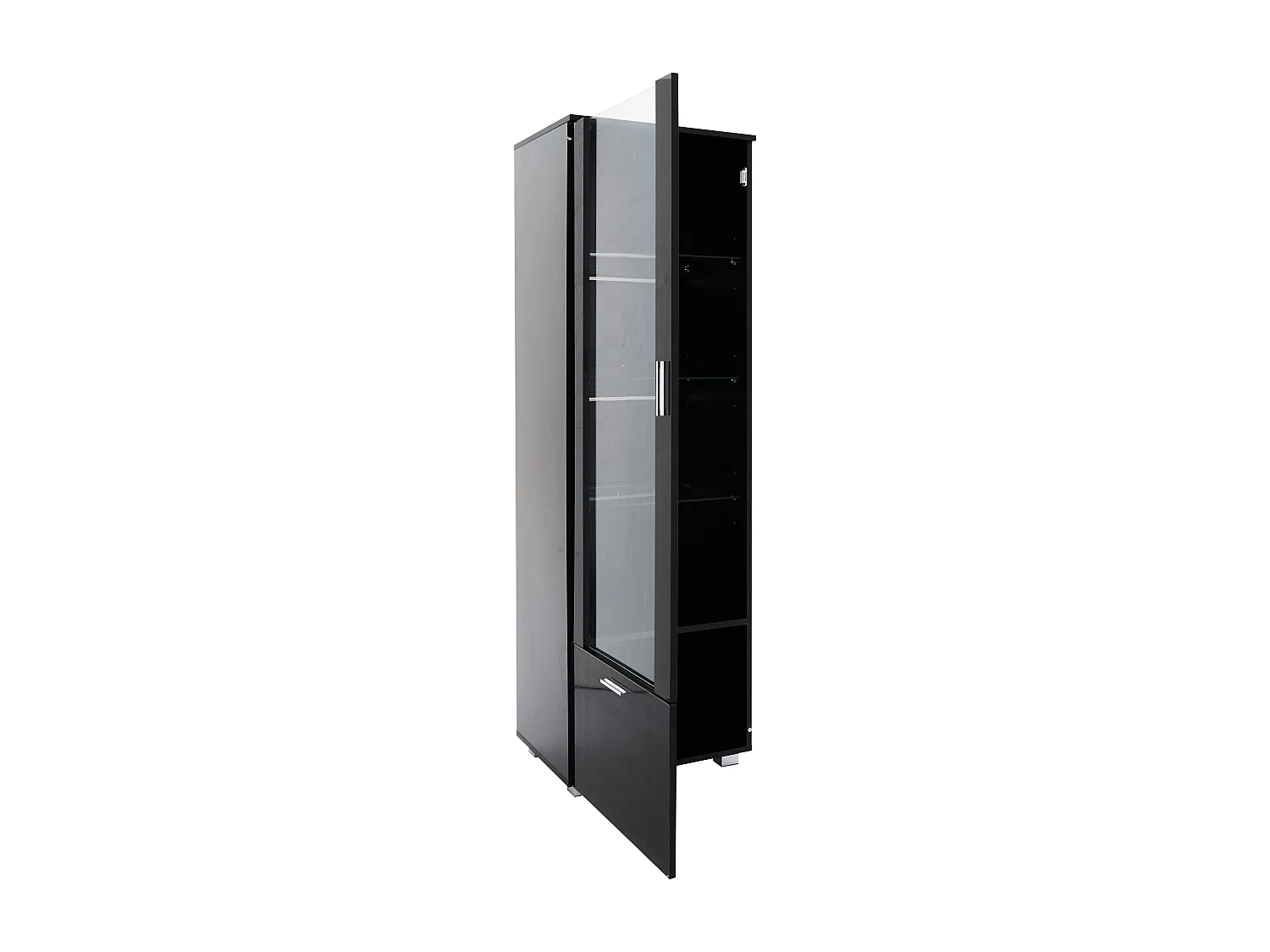 Vitrine preta brilhante com portas de vidro, iluminação LED e 3 prateleiras de vidro, 40 x 50 x 160 cm