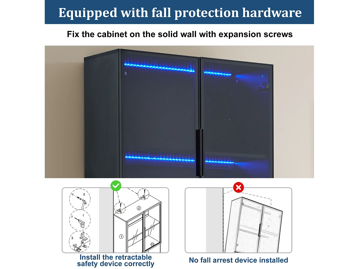 Vitrine en verre trempé avec 4 portes et compartiments réglables - 80x30x200cm -  avec LED - Noir