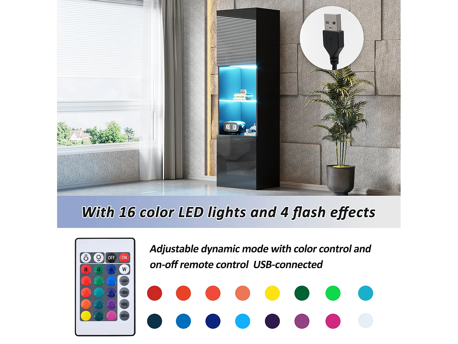 Vitrine noire brillante avec LED - Armoire haute pour salon - Armoire de rangement - 45x35x160 cm