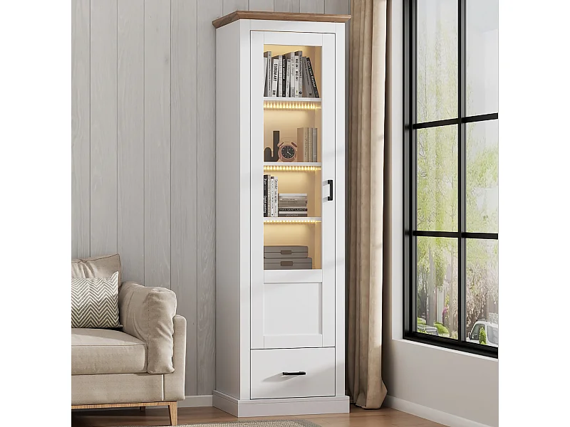 vitrine en Verre, Vitrine LED Blanche Mate, avec USB, Armoire Haute avec tiroir, 50 * 35 * 178 cm