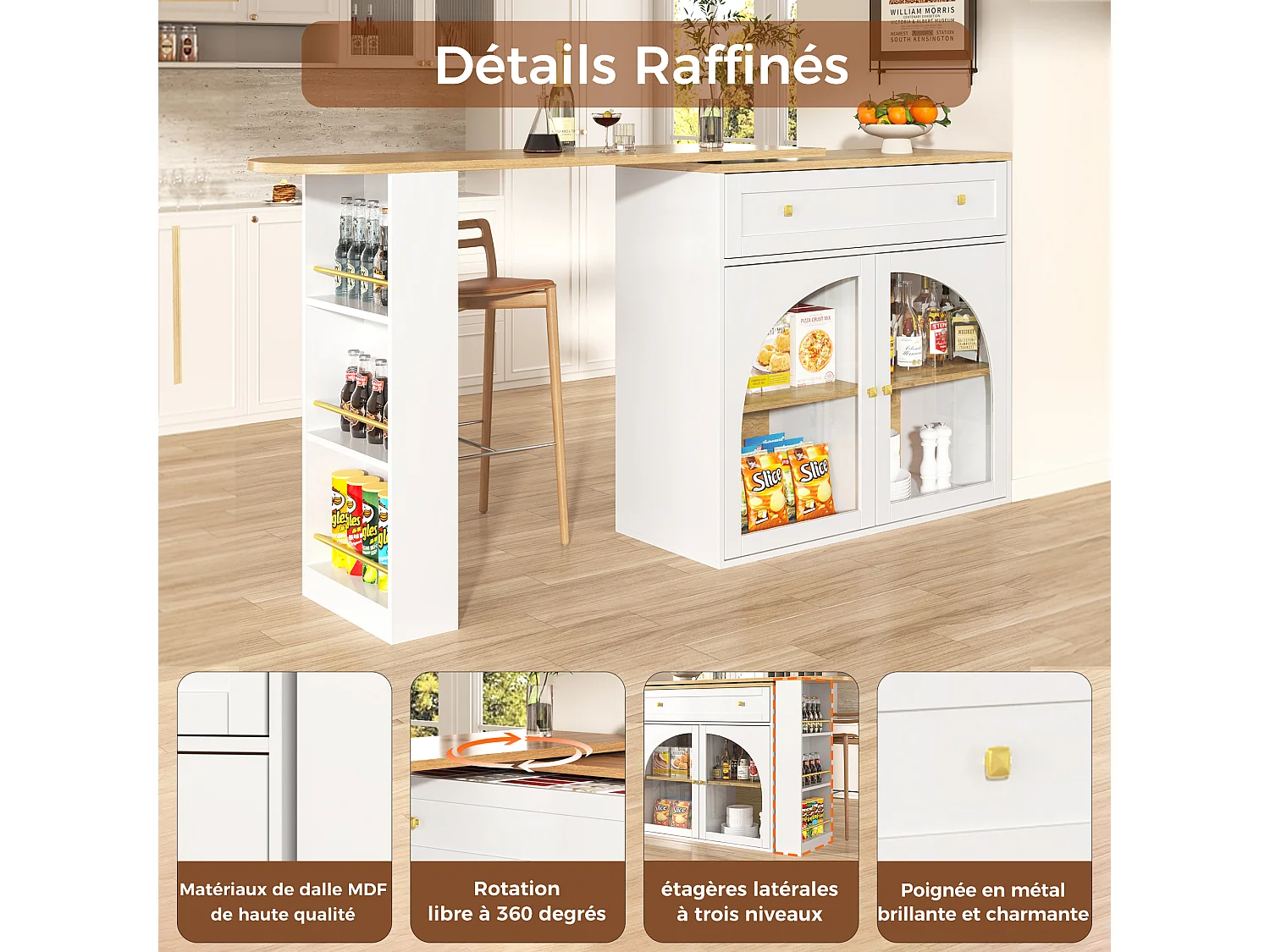 Bar extensível e giratório 360° com espaço de armazenamento, 138–204 cm, branco, porta de vidro