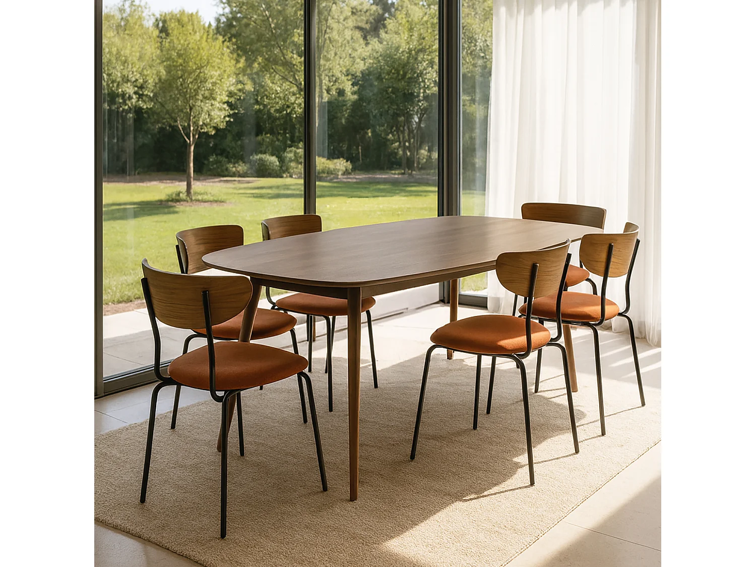 Now's Home - Ensemble Table Rectangle +6 Chaises En Velours Cotele Terrac Bois/metal