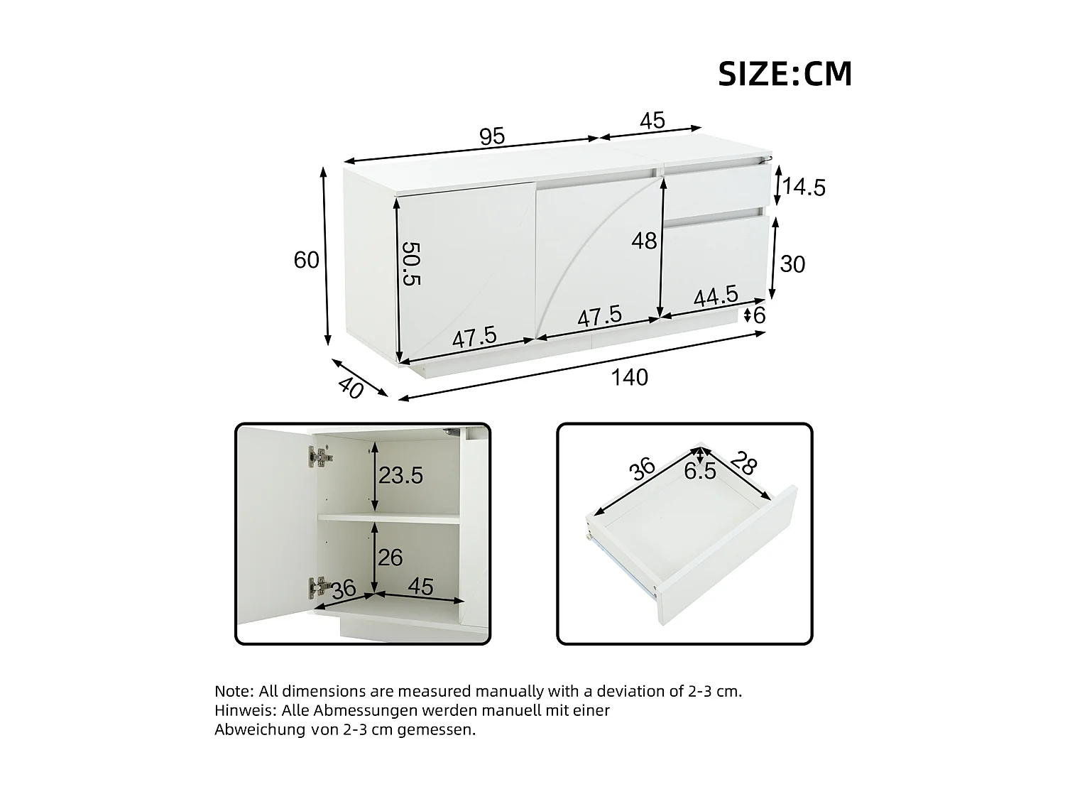 Buffet 140x40x60cm avec 3 Armoires, Commode LED, Un Tiroir, Étagères Réglables, Meuble Salon, Blanc