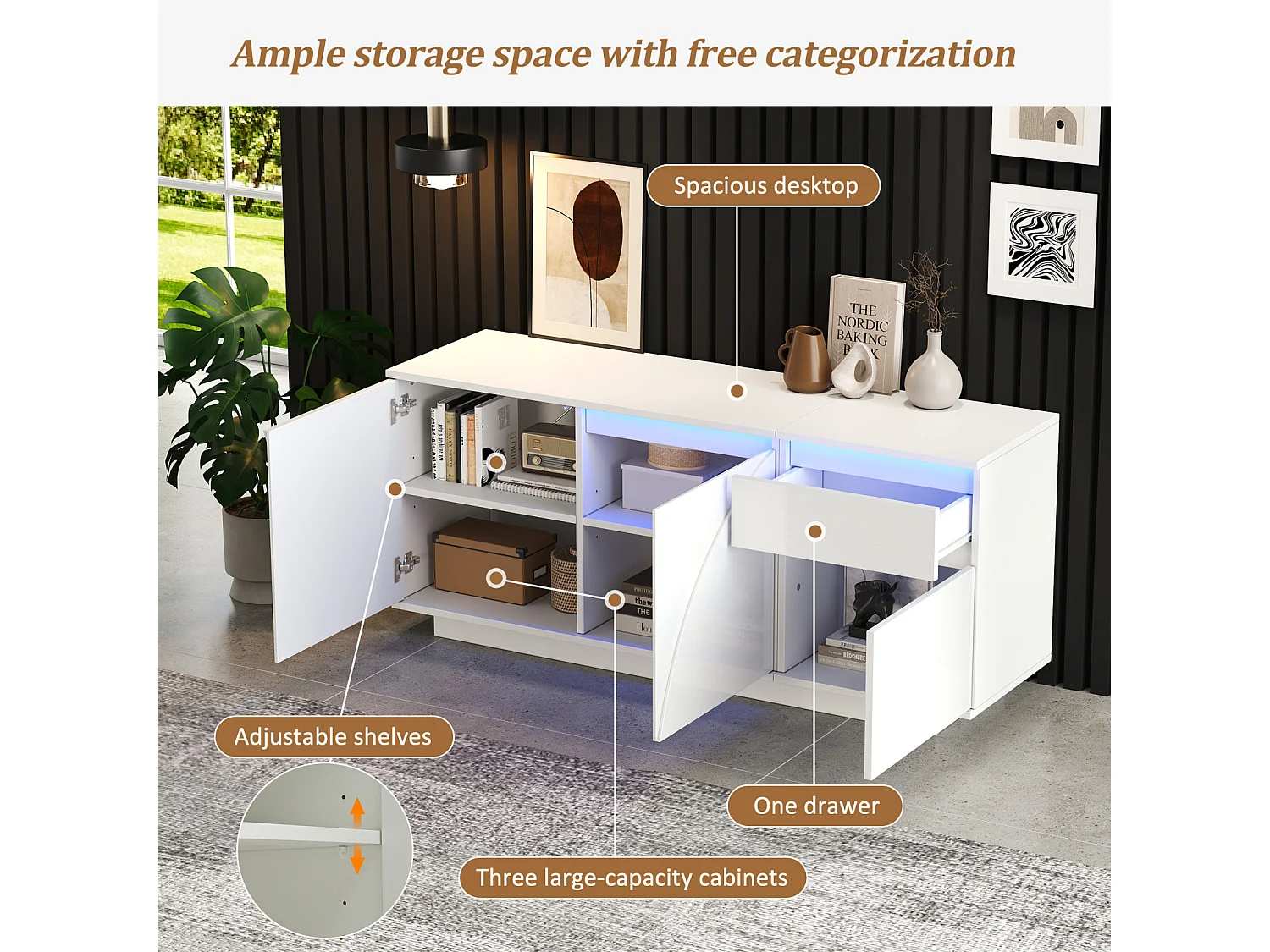 Buffet 140x40x60cm avec 3 Armoires, Commode LED, Un Tiroir, Étagères Réglables, Meuble Salon, Blanc