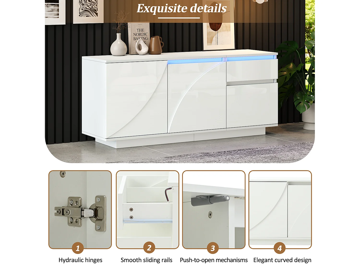 Buffet 140x40x60cm avec 3 Armoires, Commode LED, Un Tiroir, Étagères Réglables, Meuble Salon, Blanc