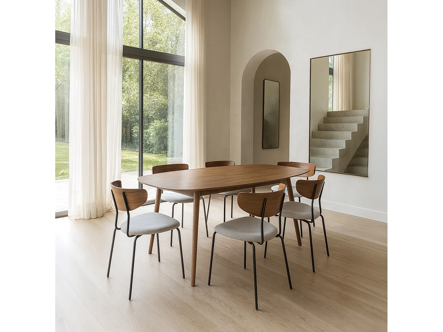 Now's Home - Ensemble Table Rectangle Effet Noyer+6 Chaises Velours Ecru/metal Riva