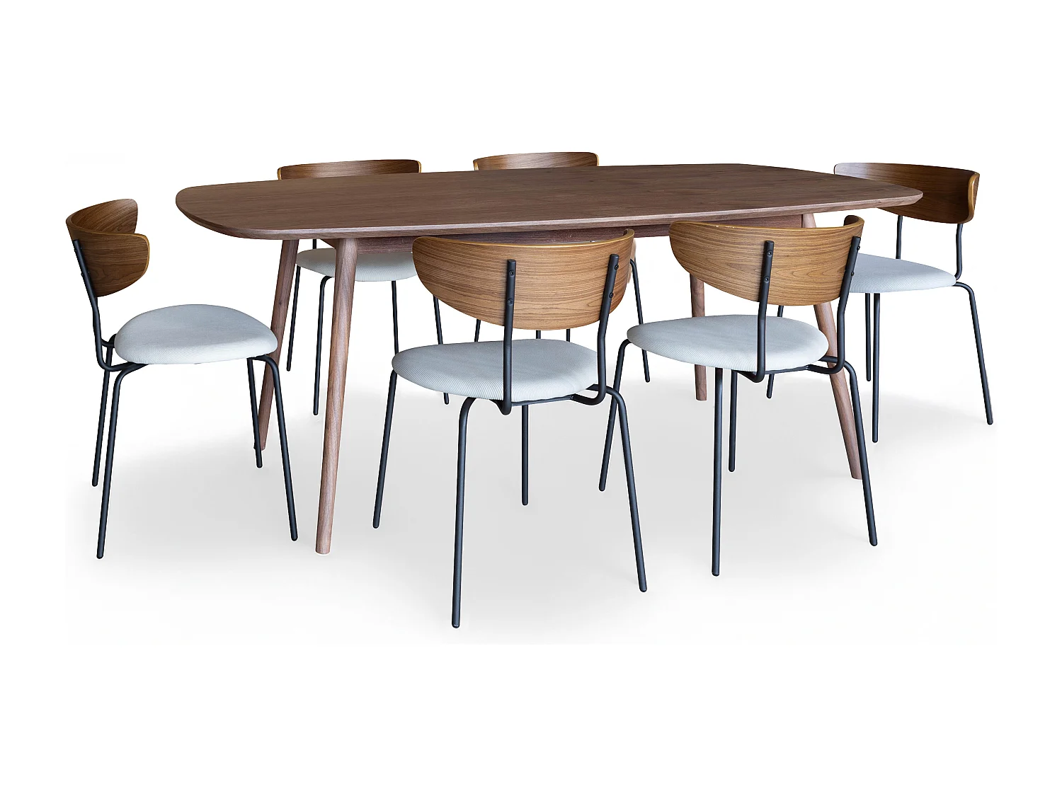 Now's Home - Ensemble Table Rectangle Effet Noyer+6 Chaises Velours Ecru/metal Riva