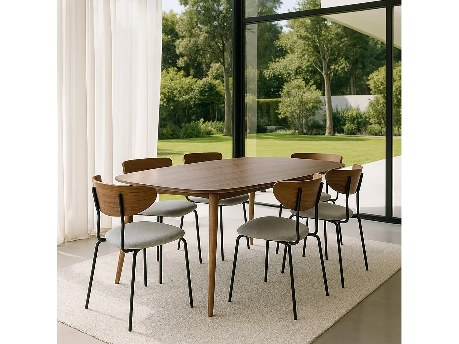 Now's Home - Ensemble Table Rectangle Effet Noyer+6 Chaises Velours Ecru/metal Riva