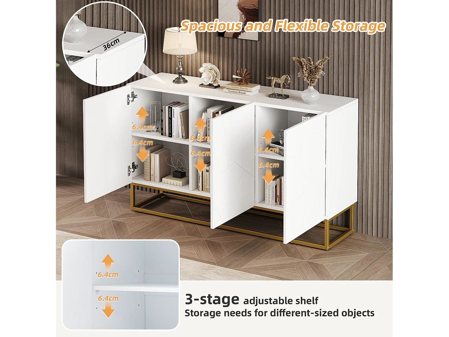Buffet blanc 130 x 38 x 76 cm - Armoire de cuisine à 3 portes - Commode - pour salon, cuisine