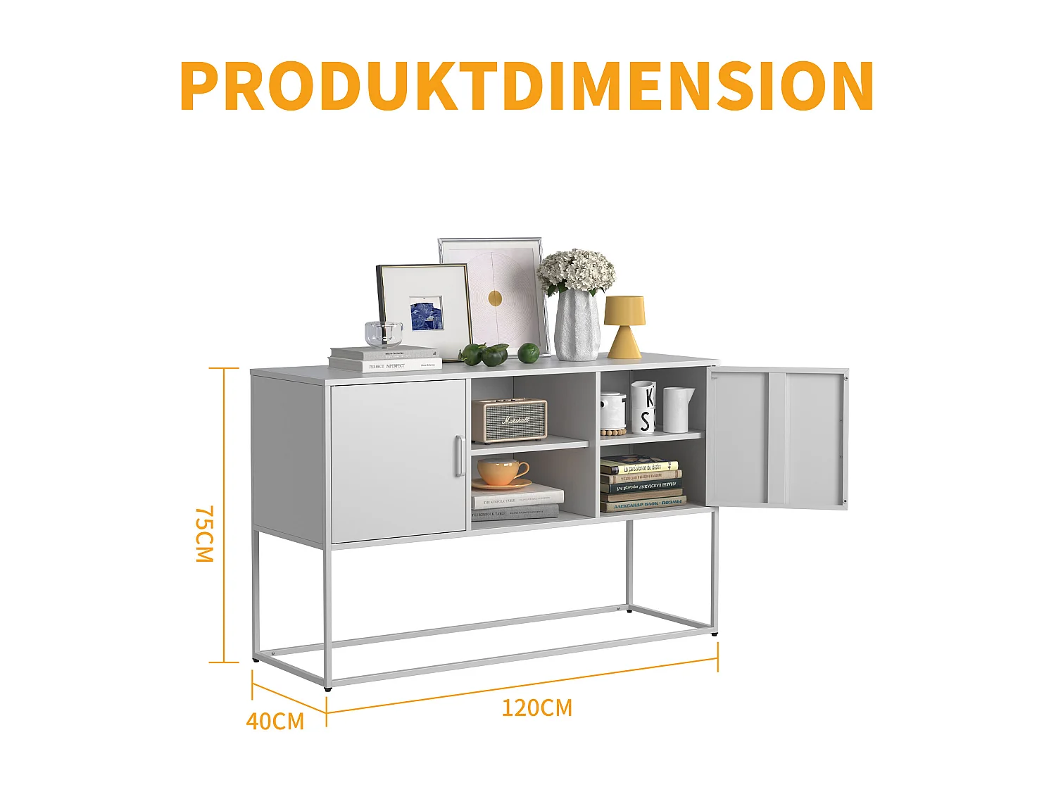 Aparador de metal branco, 120 cm, com 6 compartimentos e portas magnéticas, para sala de estar e cozinha.