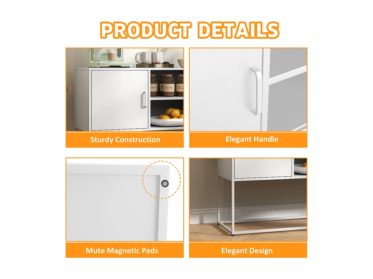 Aparador de metal branco, 120 cm, com 6 compartimentos e portas magnéticas, para sala de estar e cozinha.