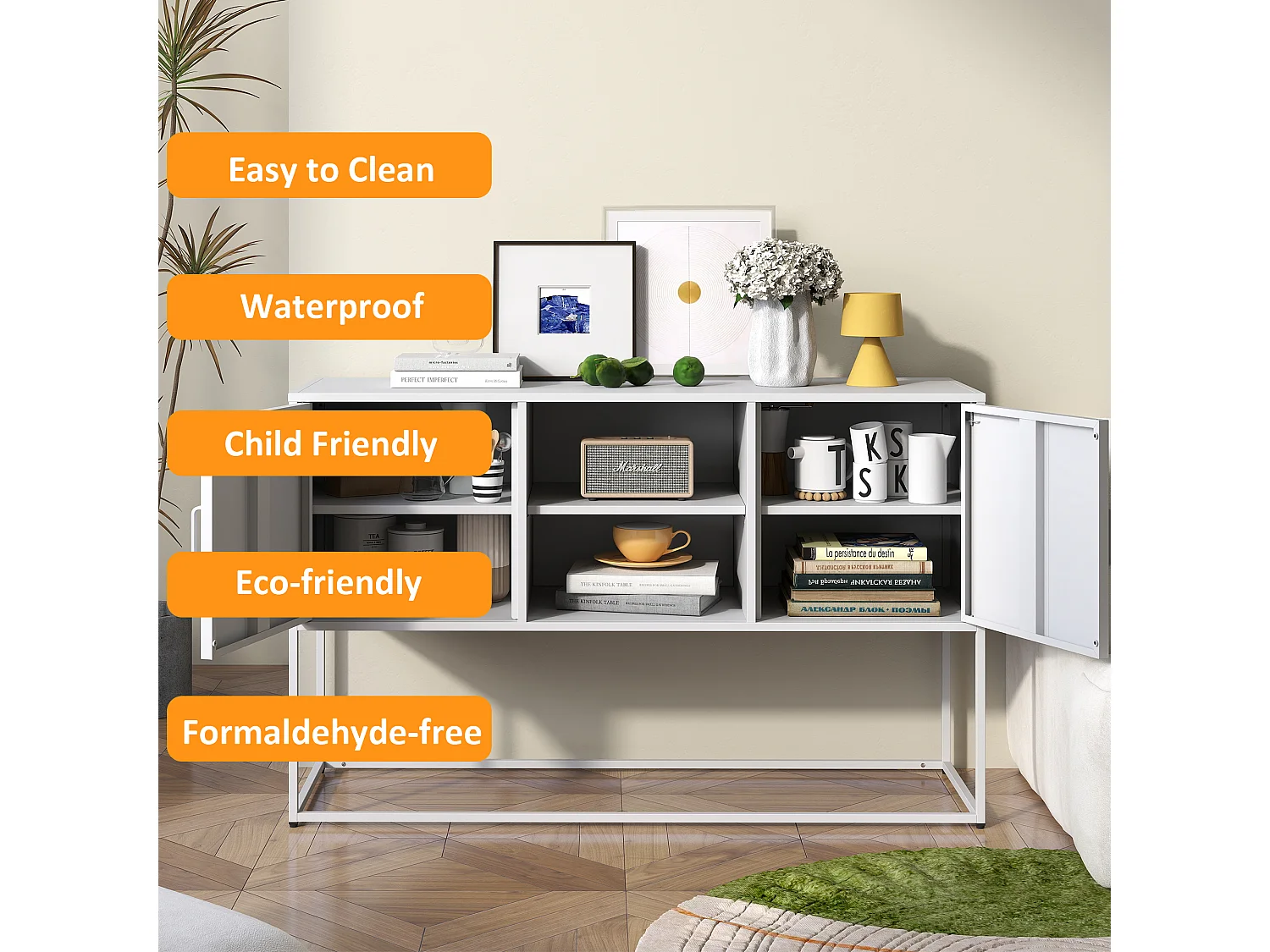 Aparador de metal branco, 120 cm, com 6 compartimentos e portas magnéticas, para sala de estar e cozinha.