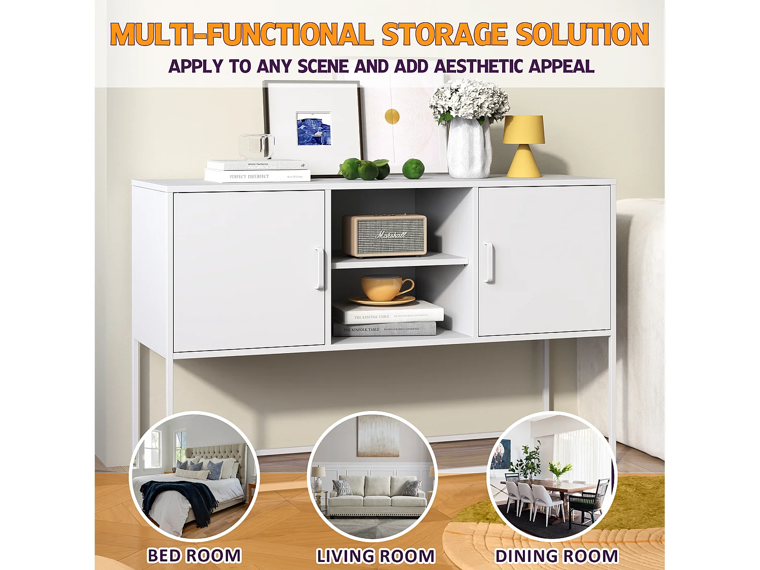 Aparador de metal branco, 120 cm, com 6 compartimentos e portas magnéticas, para sala de estar e cozinha.