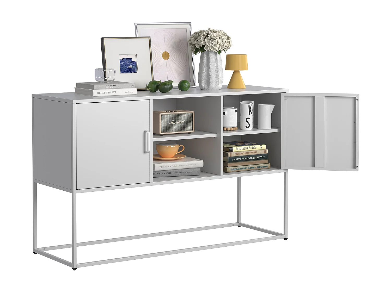 Aparador de metal branco, 120 cm, com 6 compartimentos e portas magnéticas, para sala de estar e cozinha.