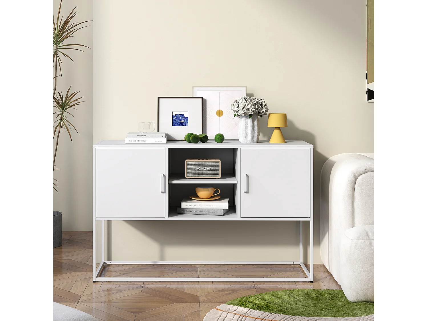 Aparador de metal branco, 120 cm, com 6 compartimentos e portas magnéticas, para sala de estar e cozinha.