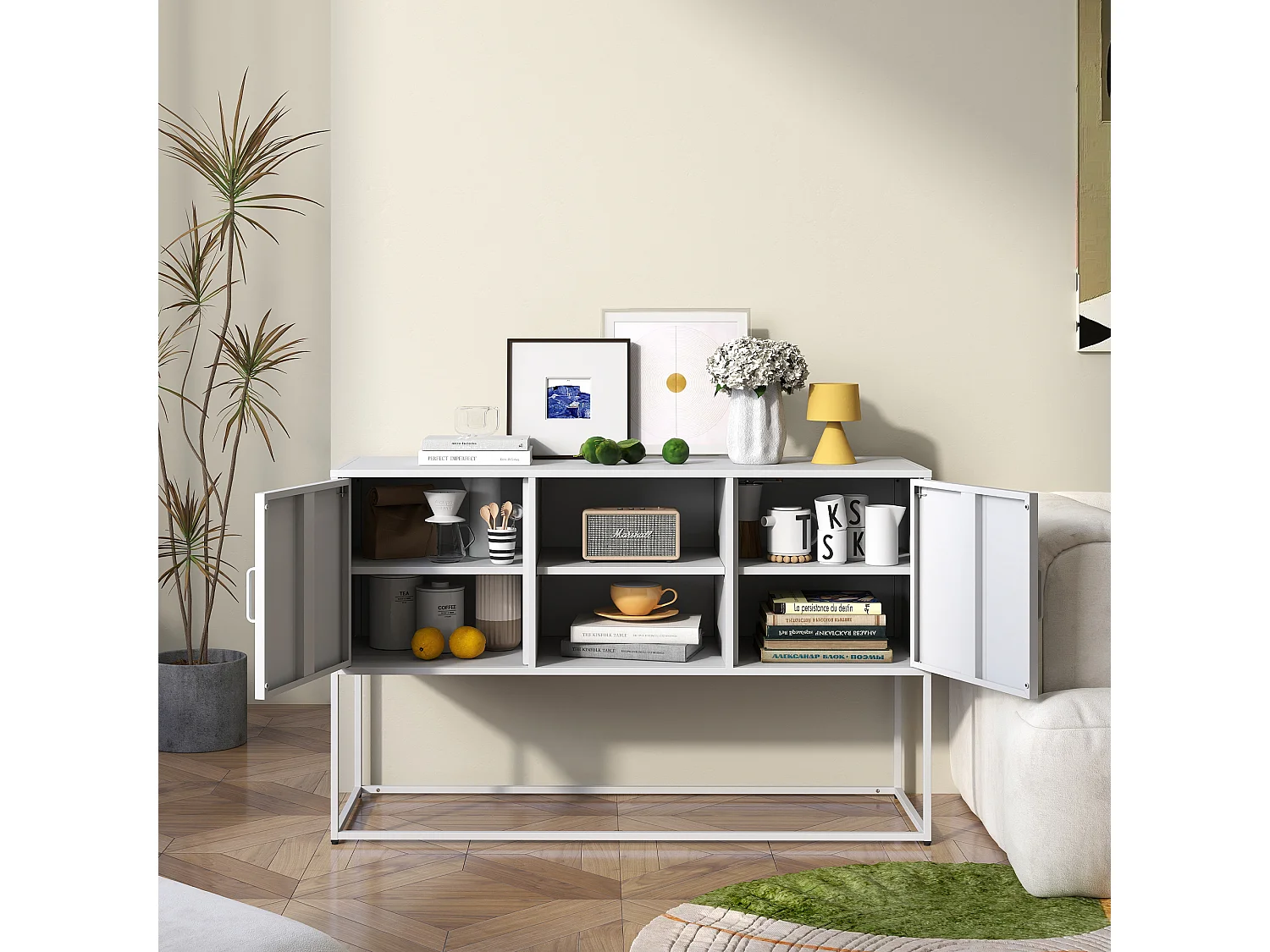 Aparador de metal branco, 120 cm, com 6 compartimentos e portas magnéticas, para sala de estar e cozinha.